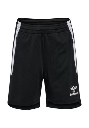 Shorts sportivi neri realizzati in tessuto traspirante, con strisce bianche sui lati e un piccolo logo nella parte bassa anteriore, dotati di una vita elastica.