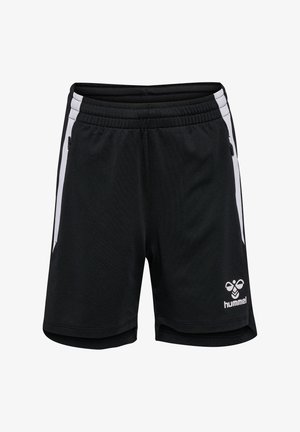 Schwarze Sportshorts aus atmungsaktivem Stoff mit weißen Seitenstreifen und einem kleinen Logo auf der unteren Vorderseite, ausgestattet mit einem elastischen Bund.