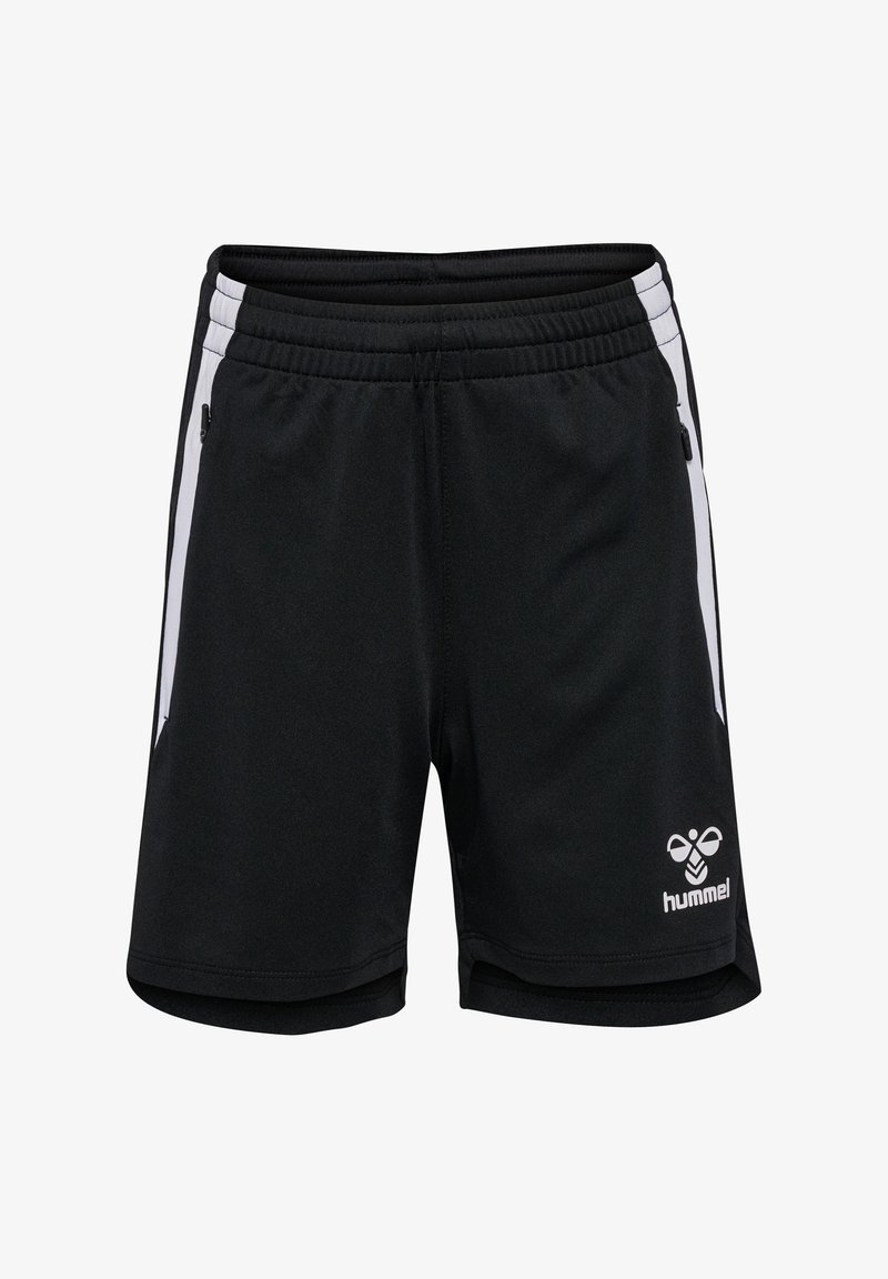 Schwarze Sportshorts aus atmungsaktivem Stoff mit weißen Seitenstreifen und einem kleinen Logo auf der unteren Vorderseite, ausgestattet mit einem elastischen Bund.