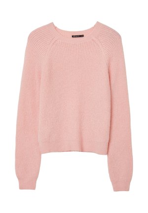 Maglione a maglia rosa chiaro con scollo rotondo, maniche lunghe a raglan e orlo a costine. La texture sembra morbida e accogliente, con una vestibilità comoda.