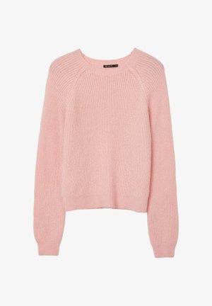 Maglione a maglia rosa chiaro con scollo rotondo, maniche lunghe a raglan e orlo a costine. La texture sembra morbida e accogliente, con una vestibilità comoda.