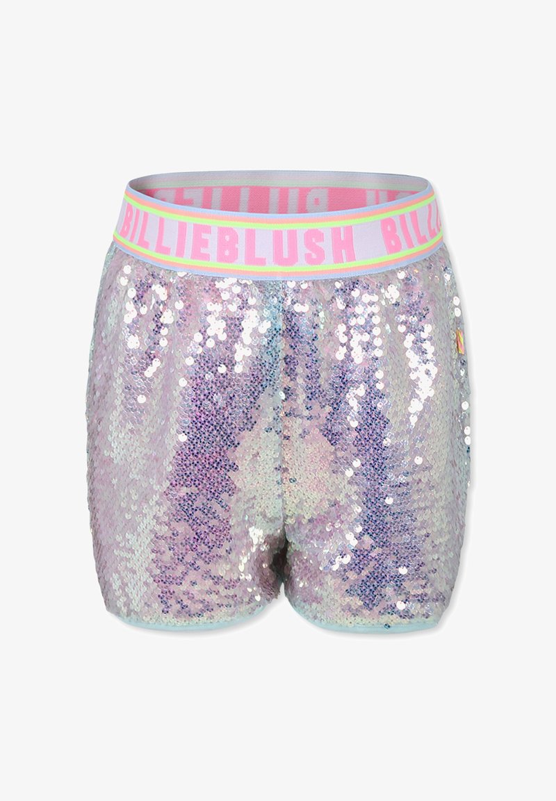 Shorts pailletés avec un motif multicolore brillant. Dotés d'une ceinture élastique rose clair avec le texte "BILLIEBLUSH".