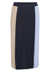 Plisovaná midi sukně s barevným blokem v námořnické modré, béžové a světle modré barvě. Vyrobena z lehkého materiálu s elastickým pasem.
