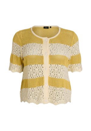Strikcardigan med korte ærmer med skiftevis gule og cremefarvede blondevandrette striber, rund halsudskæring og knaplukning foran.