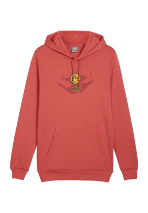 Koraal kleurig sweatshirt met capuchon, gemaakt van zachte stof, met een buidelzak, trekkoorden en een logo-opdruk op de voorkant.