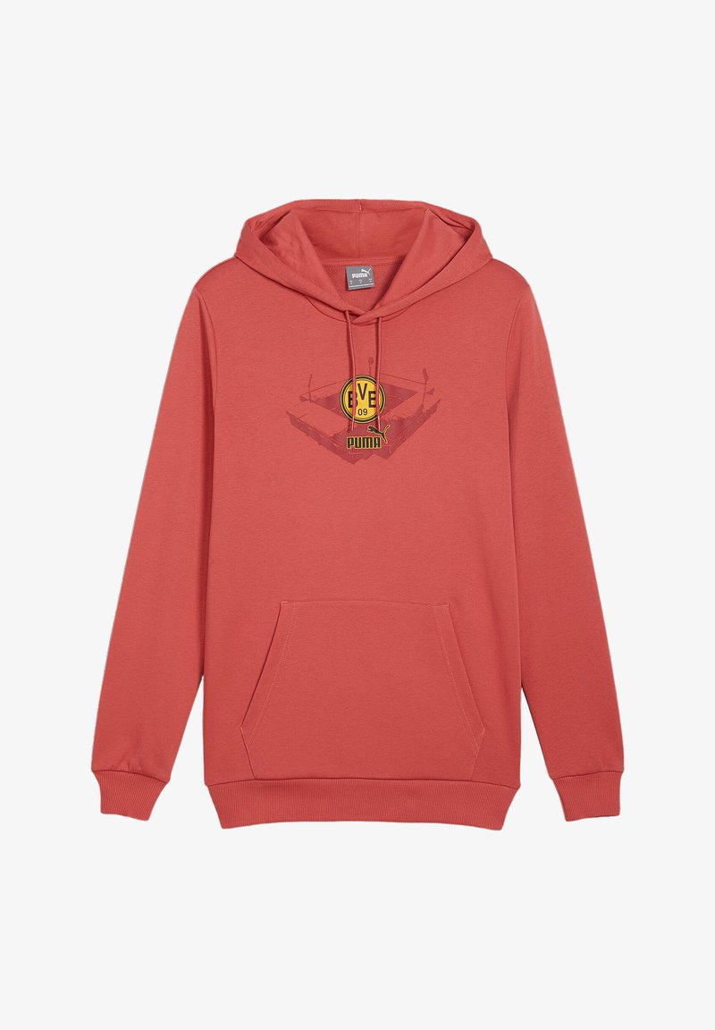 Felpa con cappuccio color corallo, realizzata in tessuto morbido, con tasca a marsupio, coulisse e un logo grafico sulla parte anteriore.