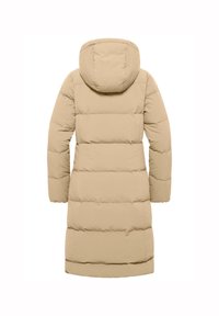 Beige lange pufferjas met een capuchon, gestikt ontwerp, elastische manchetten en een rechte snit. Soepele textuur, knielang, minimalistische accenten.