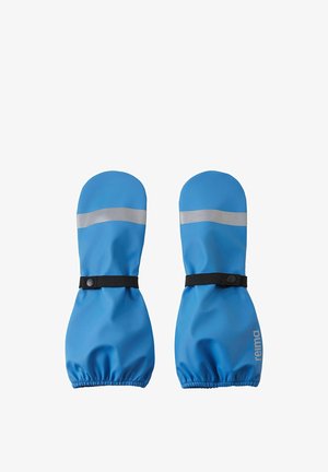 Para niebieskich wodoodpornych rękawiczek z czarnymi regulowanymi paskami i odblaskowymi srebrnymi pasami na górze, zaprojektowanych na zimną pogodę.