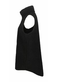 Veste polaire noire sans manches avec col montant et fermeture éclair à l'avant, vue de profil sur fond blanc.