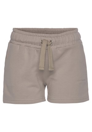Shorts beige avec taille élastique, cordon de serrage réglable et poches latérales, confectionnés dans un tissu doux.