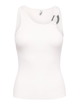 Haut sans manches blanc côtelé avec un décolleté asymétrique orné d'un détail en anneau argenté sur l'épaule droite.