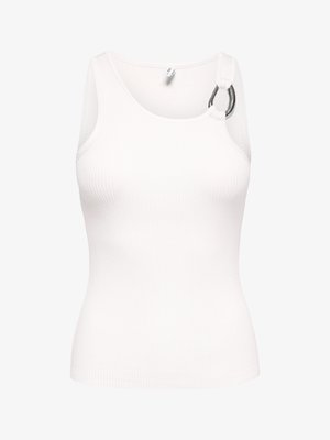Haut sans manches blanc côtelé avec un décolleté asymétrique orné d'un détail en anneau argenté sur l'épaule droite.