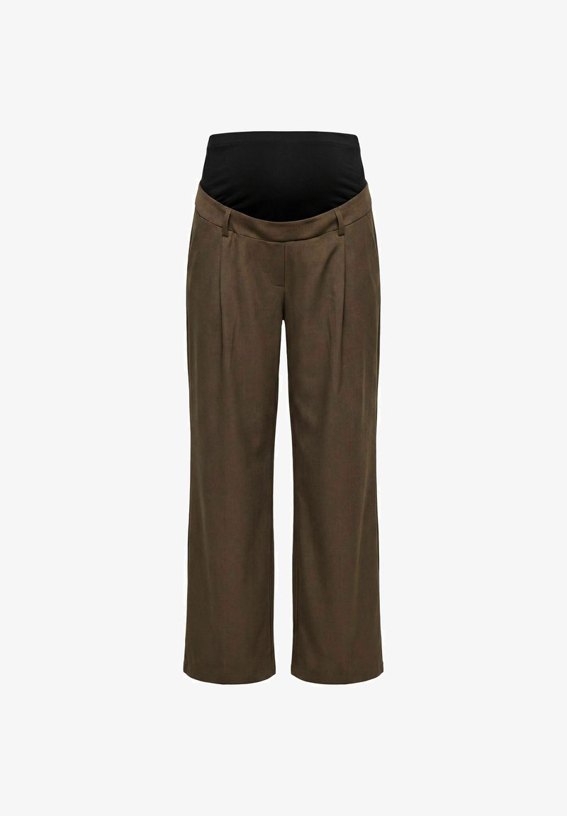 Pantalon de maternité marron avec jambes larges et une ceinture noire extensible pour le soutien du ventre.