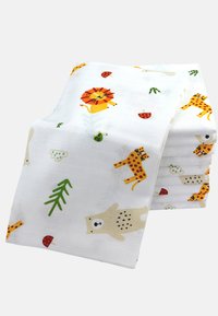Set en tissu en mousseline mettant en scène des animaux de dessins animés, y compris un lion, un ours et une girafe, sur un fond blanc avec des accents et des motifs colorés.