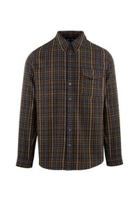 Brun og grå rutete skjorte med lange ermer, knappestilling foran og brystlomme. Har klassisk krage og kontrasterende hvite sømmer.