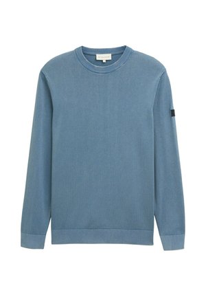 Felpa azul a girocollo con maniche lunghe, realizzata in morbido cotone, con colletto e polsini a coste, e una discreta etichetta con logo sulla manica.