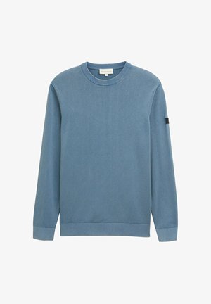 Felpa azul a girocollo con maniche lunghe, realizzata in morbido cotone, con colletto e polsini a coste, e una discreta etichetta con logo sulla manica.