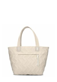 Borsa tote trapuntata beige con motivo a zig zag, doppio manico, chiusura superiore con zipper e un accento decorativo a nappina. Design minimalista.