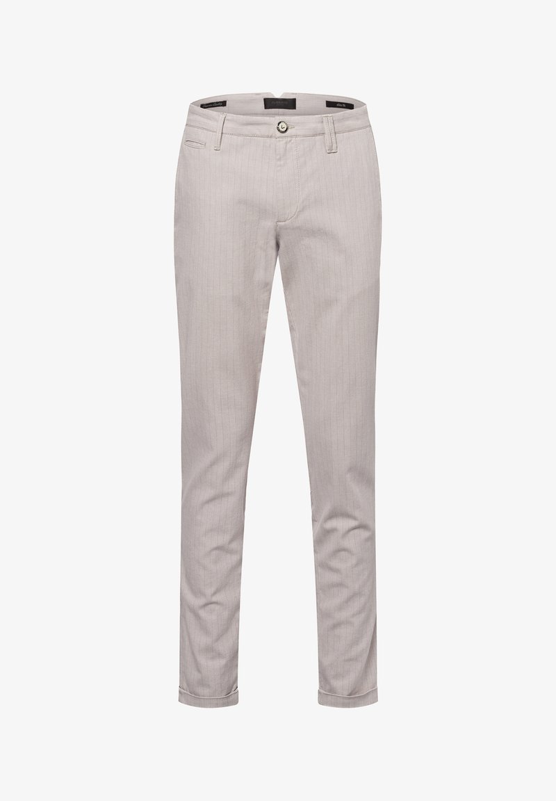 Helle graue, gestreifte Hosen aus glattem Stoff. Verfügt über einen Knopfverschluss, Gürtelschlaufen und tapered Beine mit umgeschlagenen Säumen.