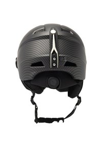 Sort carbonfiber-hjelm med ventilationssloter, justerbar hagerem og en central hvid accent. Indvendig polstring for komfort.