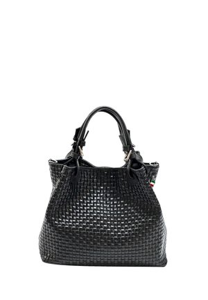 Zwarte geweven leren handtas met twee handvatten en een klein Italiaans vlagdetail aan de zijkant.