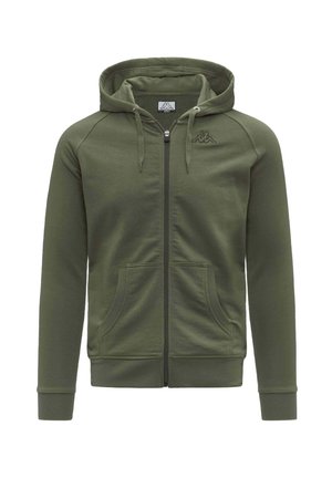 Felpa con cappuccio verde oliva con cerniera frontale, tasche anteriori, cappuccio con coulisse, polsini a costine e un piccolo logo ricamato sul petto sinistro.