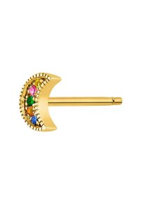 Pendiente de oro en forma de media luna con piedras preciosas multicolores (rosa, verde, amarillo, azul) engastadas en un borde Texturizado.