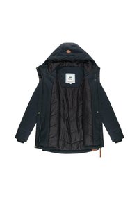 Navy hooded jacket with a quilted black lining, featuring snap closures, ribbed cuffs, and a brown leather tag on the collar.