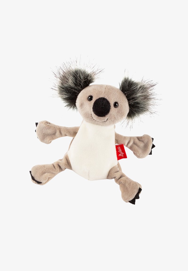 Weicher grauer und weißer Plüschkoala mit großen, flauschigen Ohren, schwarzer Nase, Knopfaugen und ausgestreckten Armen und Beinen vor einem weißen Hintergrund.