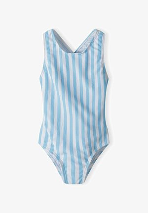 Bañador de una pieza a rayas azules y blancas con un tejido texturizado, que presenta una espalda en forma de V y tirantes anchos.