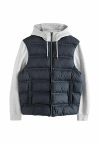 Gilet matelassé marine avec capuche grise, doté d'une fermeture zippée, de deux poches avant et d'un design matelassé pour l'isolation.