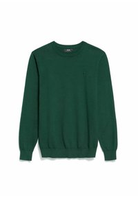 Zielony sweter dzianinowy z okrągłym dekoltem, długimi rękawami, prążkowanymi mankietami i dołem, z małym haftowanym logo na piersi.