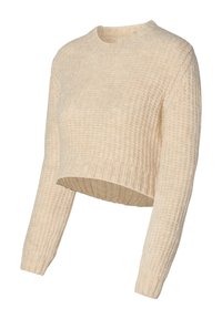 Kremowy krótki sweter o prążkowanej strukturze, z długimi rękawami i okrągłym dekoltem. Wykonany z miękkiego, dzianinowego materiału.