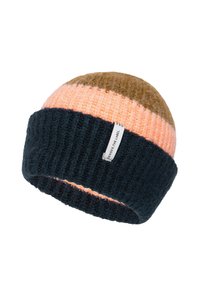 Knit beanie featuring a three-color design: brown top, pink middle, and dark blue ribbed cuff. Includes a small label on the cuff.