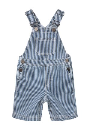 Blaue und weiß gestreifte kurze Baumwoll-Overalls für Kleinkinder mit Vorderfach, verstellbaren Schultergurten und Druckknopfschließungen an den Beinen.