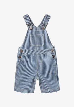 Blå og hvite stripete bomullskorte heldresser for småbarn med frontlomme, justerbare skulderstropper og trykknapper på bena.