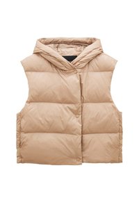 Beige puffer vest with a hood, sleeveless design, quilted texture, featuring two front snap fasteners and a soft sheen finish.