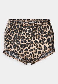 Boxer leopardata a vita alta in marrone e nero, con una texture liscia e bordi foderati. Tessuto elastico per un comfort ottimale.