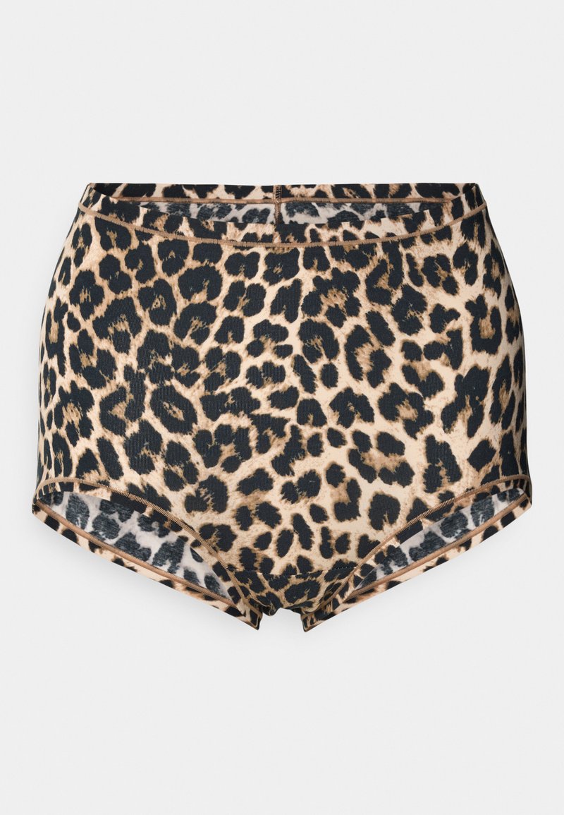 Boxer leopardata a vita alta in marrone e nero, con una texture liscia e bordi foderati. Tessuto elastico per un comfort ottimale.