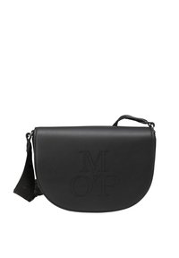 Schwarze Leder-Halbmond-Crossbody-Tasche mit perforiertem "M O'P"-Logo und verstellbarem Stoff-Schultergurt.