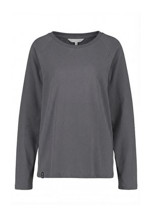 Langärmeliges, dunkelgraues T-Shirt mit Rundhalsausschnitt, einfachem Design und kleinem schwarzem Etikett unten links.