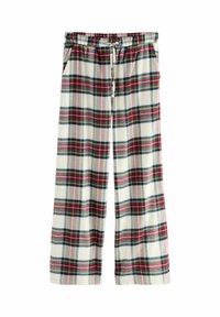 Plaid pants in white, red, green, and blue patterns; features an elastic waistband with a drawstring and side pockets. Soft fabric texture.