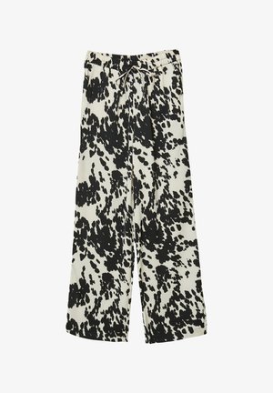 Pantaloni a gamba larga con motivo astratto a macchie bianco e nero, vita elasticizzata e coulisse regolabile.