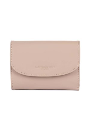 Light pink leather wallet with a flap closure, embossed logo, and visible stitching. Smooth texture and compact design for easy portability.