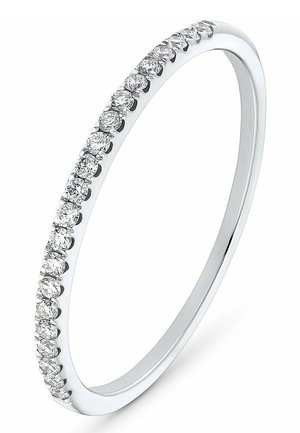 White gold ring featuring a thin band adorned with evenly set round-cut clear diamonds along the surface. Simple, sleek design.