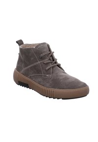 Bottines en suède grises avec une semelle en caoutchouc texturée, un design à lacets et une petite languette au dos pour un enfilage facile.