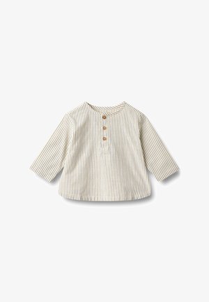 Cămașă pentru bebeluși cu mâneci lungi, crem, cu dungi verticale subțiri albastre și trei nasturi din lemn pe partea frontală.
