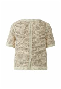Pull beige et marron à manches courtes en maille texturée avec col rond, poignets, ourlet côtelés, et détail central vertical en maille au dos.
