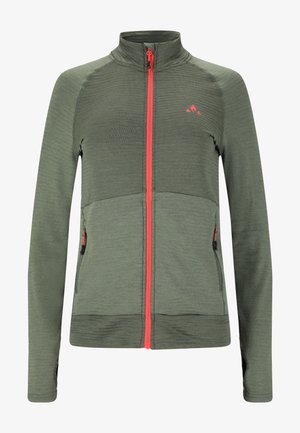 Fleecejacka i olivgrön med hög krage, full dragkedja, kontrasterande orange dragkedja, två sidofickor och texturerade paneler.