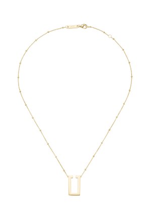 Delicate gold chain necklace with small beads and a rectangular open pendant hanging at the center with a lobster clasp.